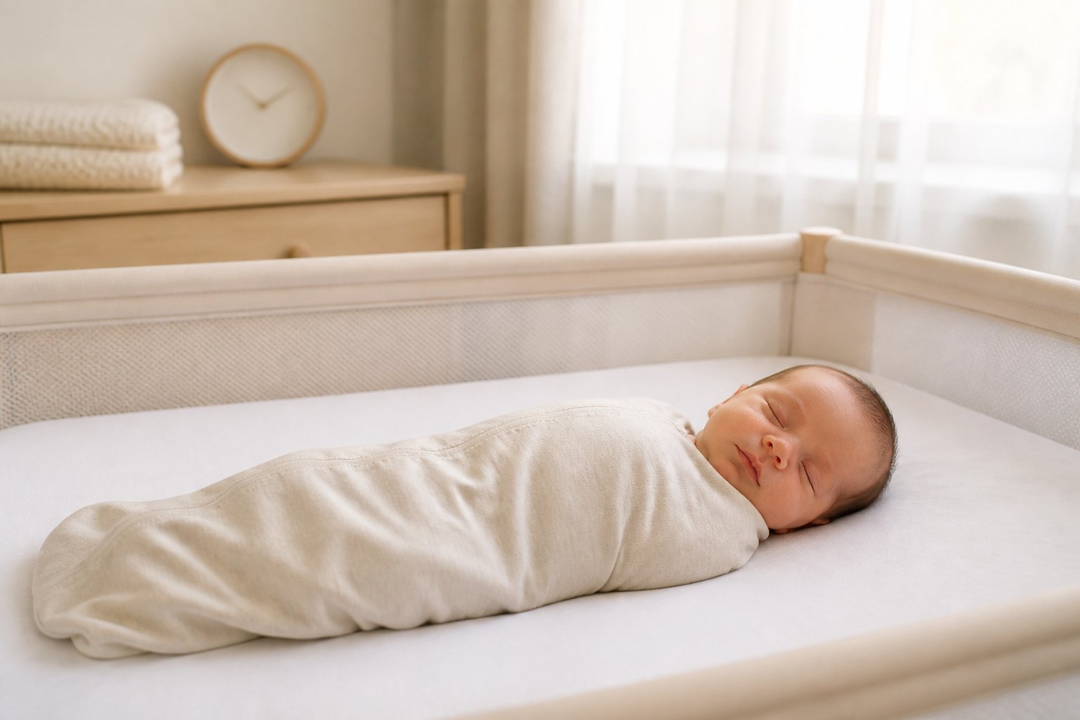 A newborn sleeps peacefully on their back in a safe, uncluttered bassinet in a softly lit nursery.