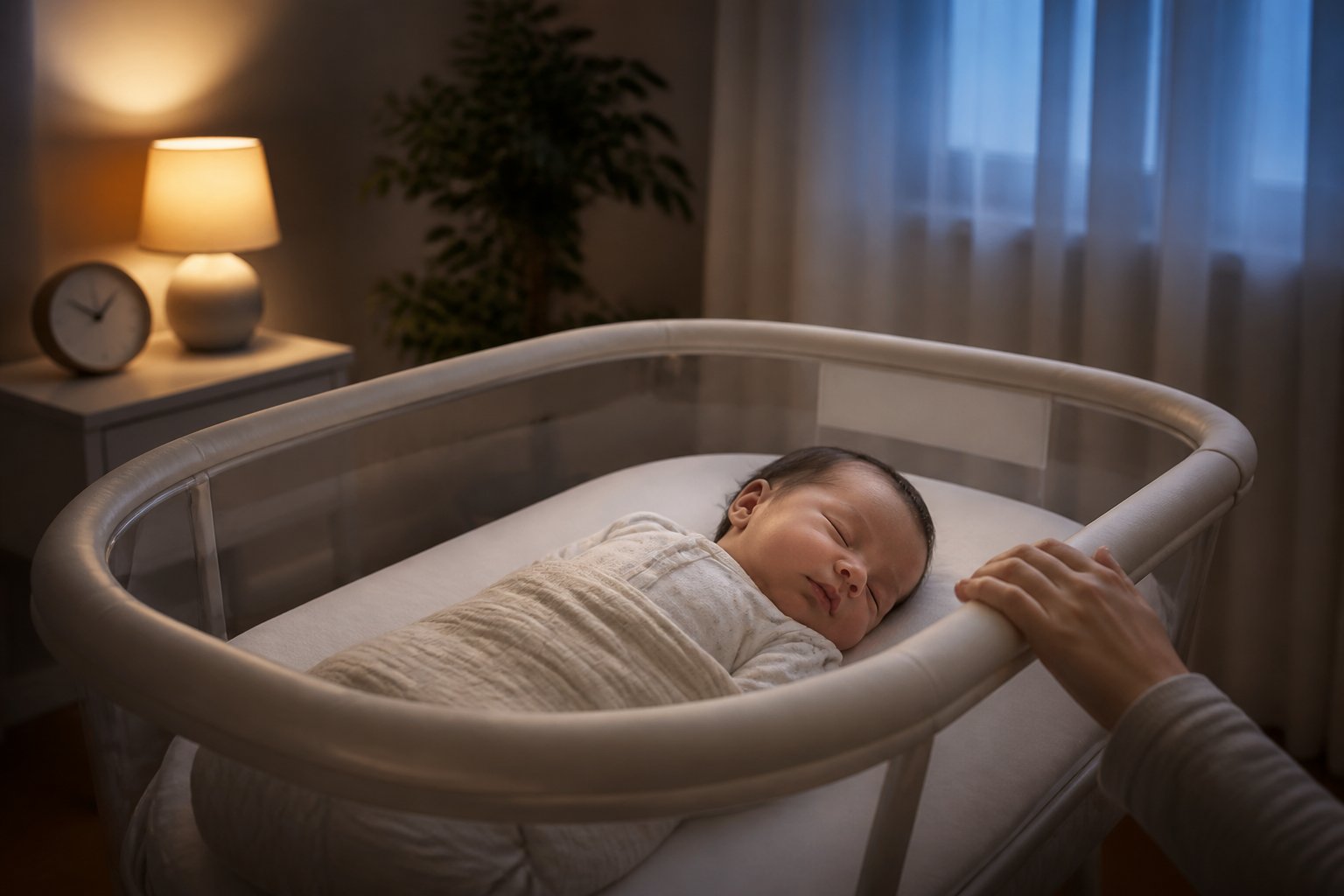 A newborn sleeps safely on their back in a bassinet while a parent’s hand rests nearby.