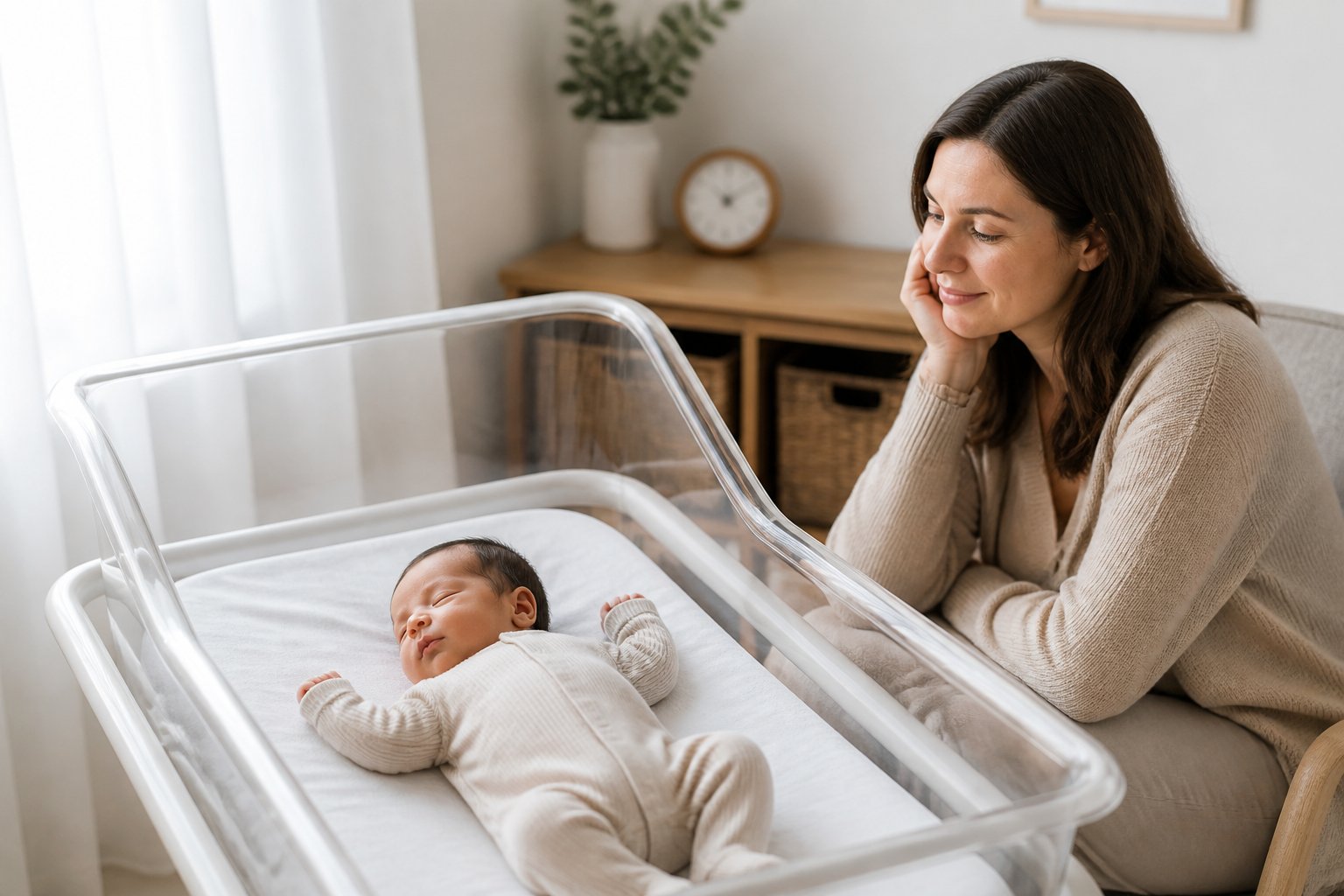 A parent calmly watches a newborn sleeping safely on their back in a bassinet.