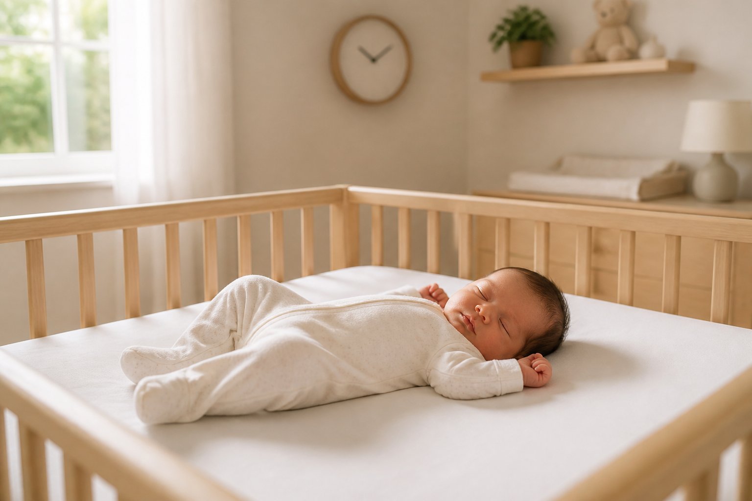 A newborn sleeps safely on their back in an uncluttered crib in a softly lit nursery.