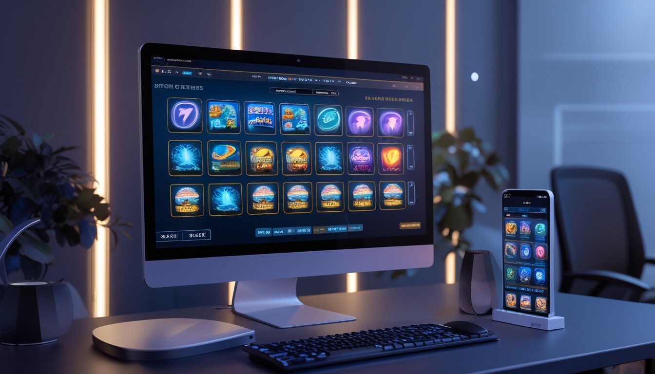 Perangkat komputer dan ponsel menampilkan antarmuka permainan kasino digital dalam suasana ruang kerja modern.