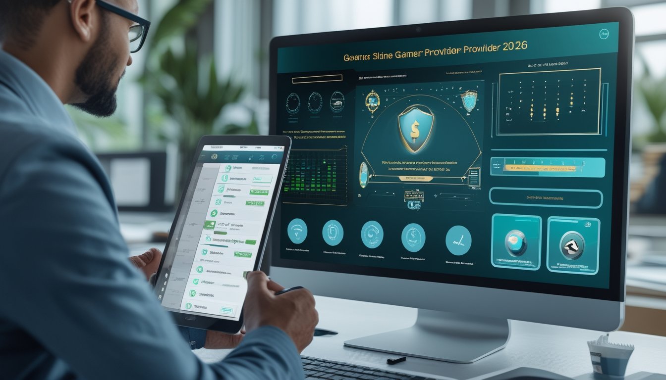 Seorang analis menilai keamanan dan kredibilitas penyedia permainan slot melalui dasbor digital di ruang kerja modern.