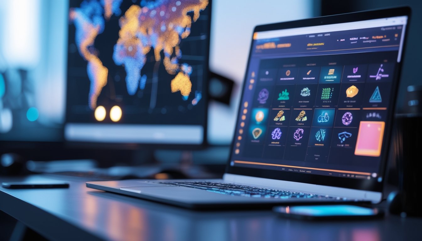 Laptop dan ponsel menampilkan antarmuka digital abstrak dengan ilustrasi konektivitas global di ruang kerja modern.