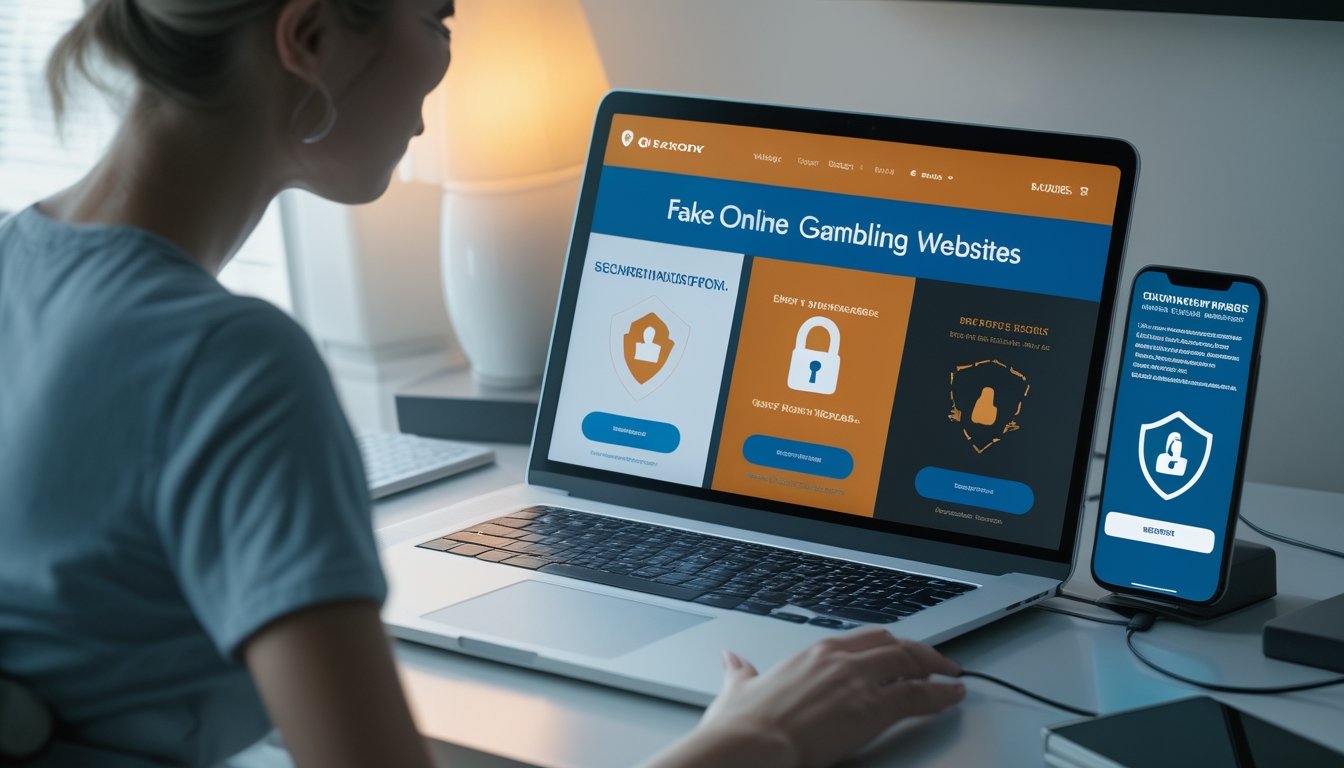 Pengguna memeriksa laptop dengan tampilan situs taruhan daring yang aman dan mencurigakan, disertai simbol peringatan keamanan.