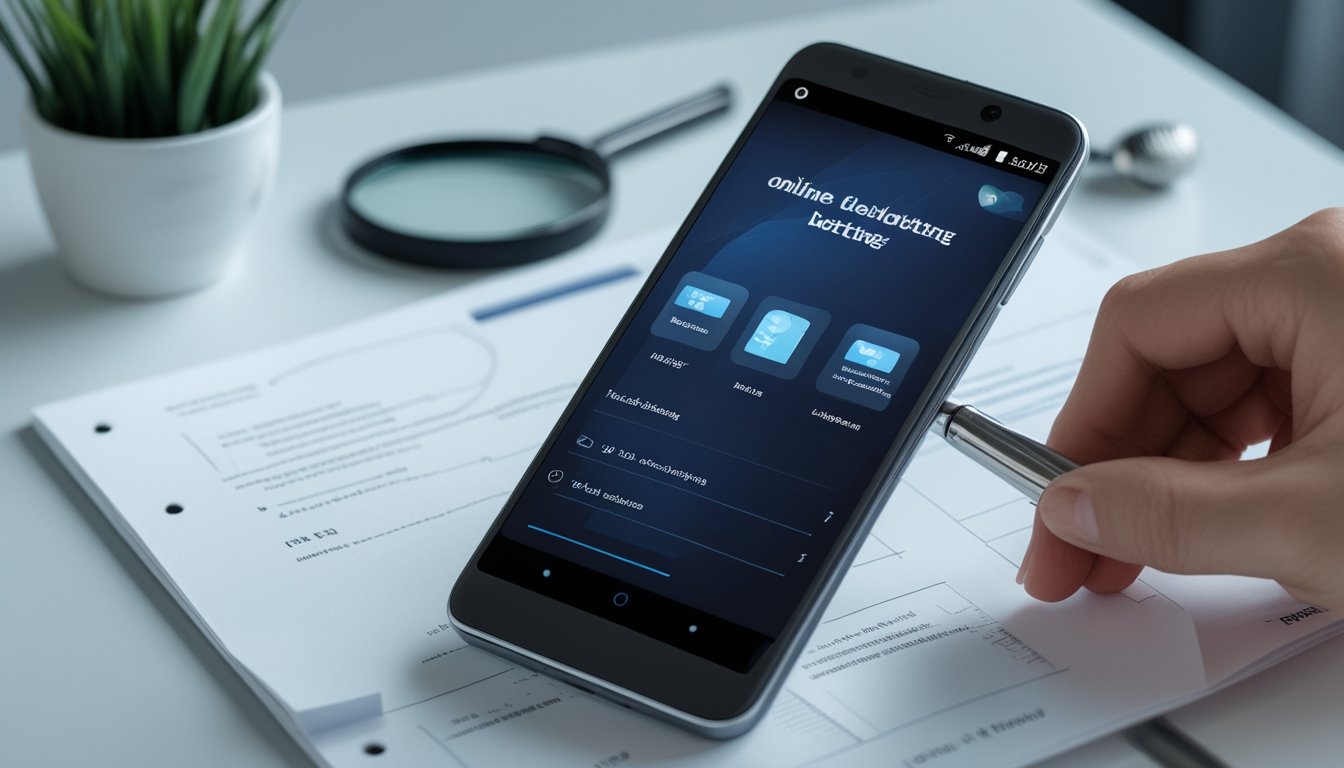 Ponsel Android dengan tampilan aplikasi taruhan generik di atas meja, disertai kaca pembesar, dokumen kosong, dan ikon perisai.