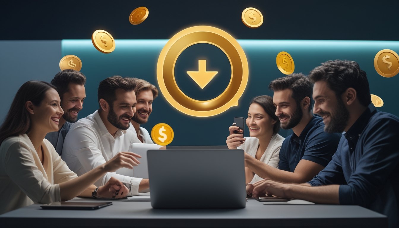 Sekelompok orang dewasa merayakan hadiah digital di sekitar laptop dan ponsel dengan ikon koin emas.
