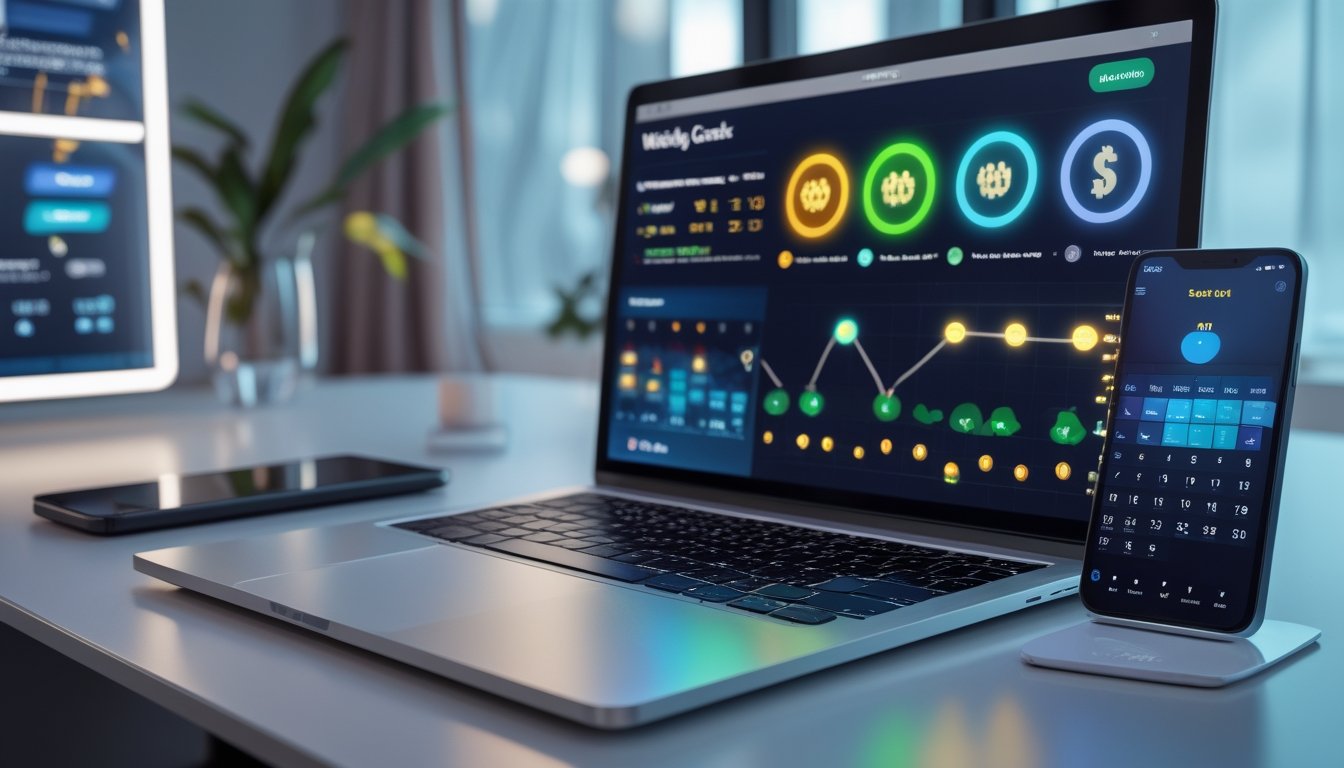 Laptop dan ponsel menampilkan ilustrasi hadiah cashback mingguan di atas meja modern.