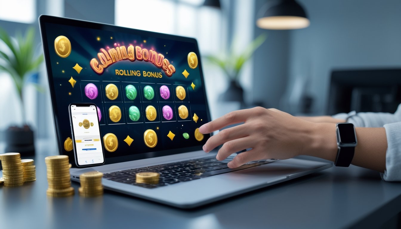 Seseorang menggunakan laptop dan ponsel untuk mengaktifkan bonus pada platform permainan online, dengan koin dan indikator hadiah di meja.