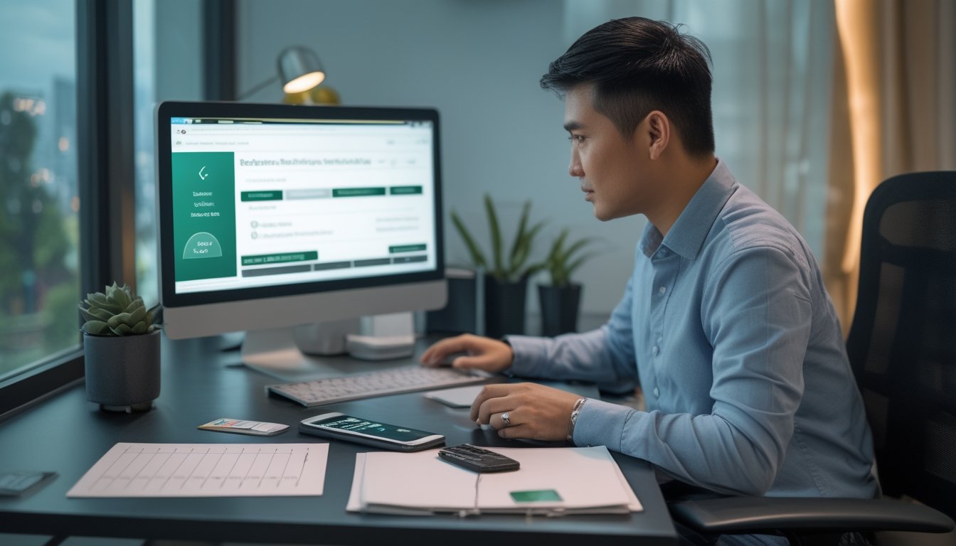 Seseorang memeriksa kelayakan akun dan persyaratan bonus melalui laptop di ruang kerja.