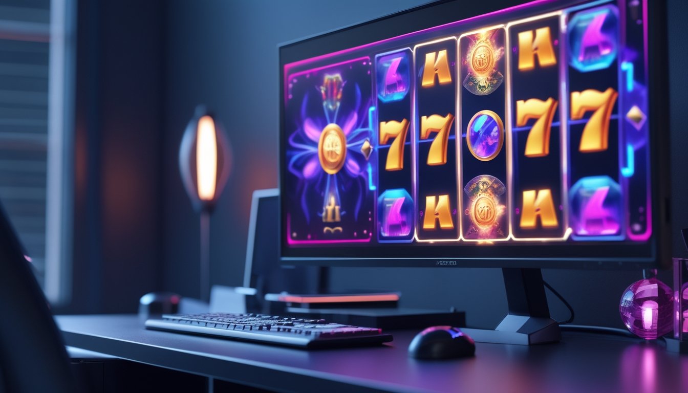 Monitor menampilkan permainan mesin slot berwarna-warni di atas meja dengan pencahayaan neon.