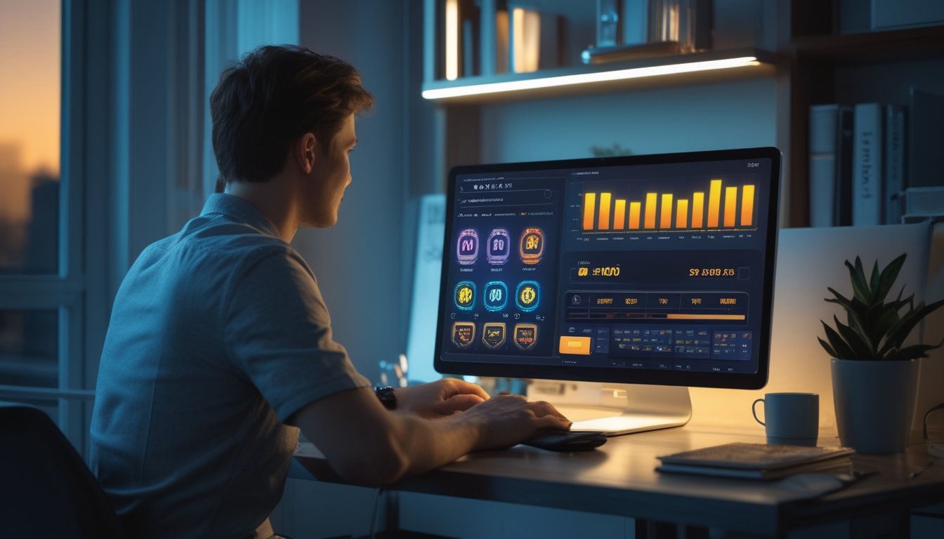 Orang dewasa menganalisis data permainan slot di laptop pada malam hari dengan catatan dan kalkulator di meja.