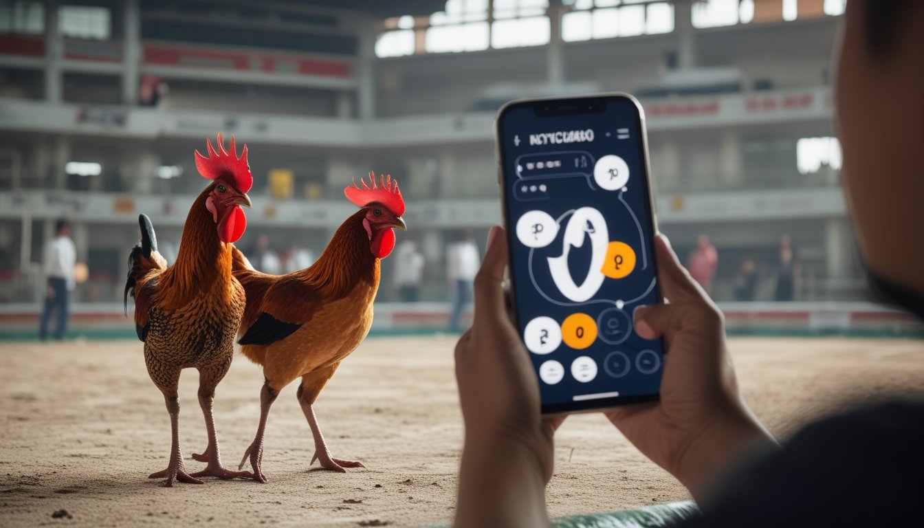 Dua ayam jantan berada di arena sabung ayam Filipina dengan penonton dan pengguna ponsel di latar belakang.