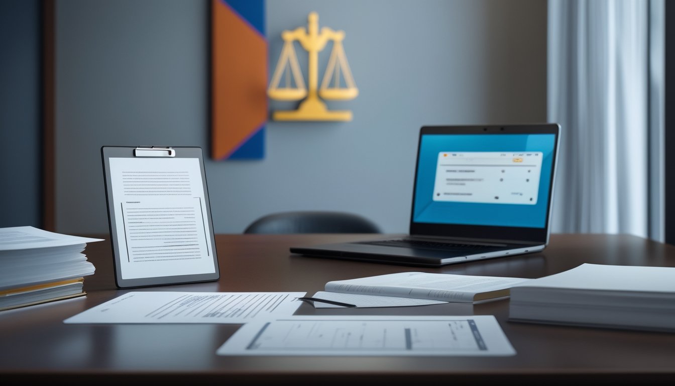 Meja kantor hukum dengan buku peraturan, dokumen, laptop, dan simbol timbangan keadilan.