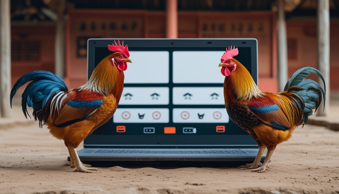 Dua ayam jantan berada di sisi berbeda dengan perangkat digital yang menampilkan antarmuka pilihan hasil secara abstrak.