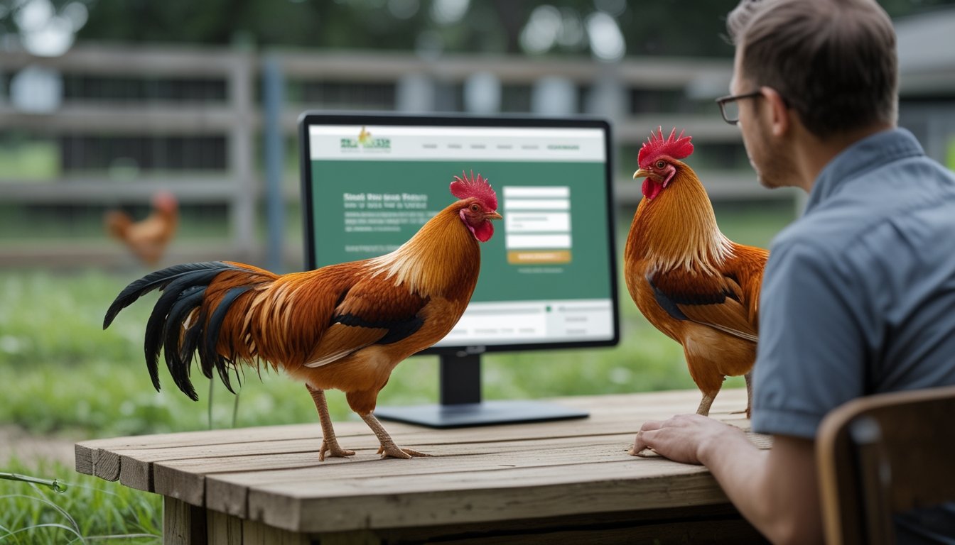 Dua ayam jantan sehat berada di kandang bersih sementara seseorang meneliti informasi melalui laptop.