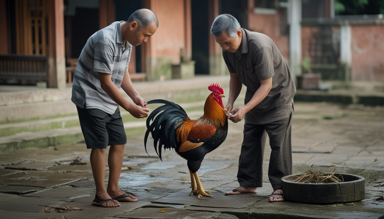 Dua pria memeriksa kondisi fisik seekor ayam jantan dengan hati-hati di halaman terbuka.
