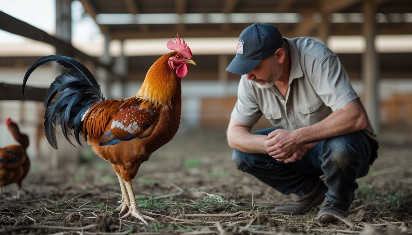 Seorang handler mengamati kondisi fisik ayam jantan yang sehat di area peternakan.