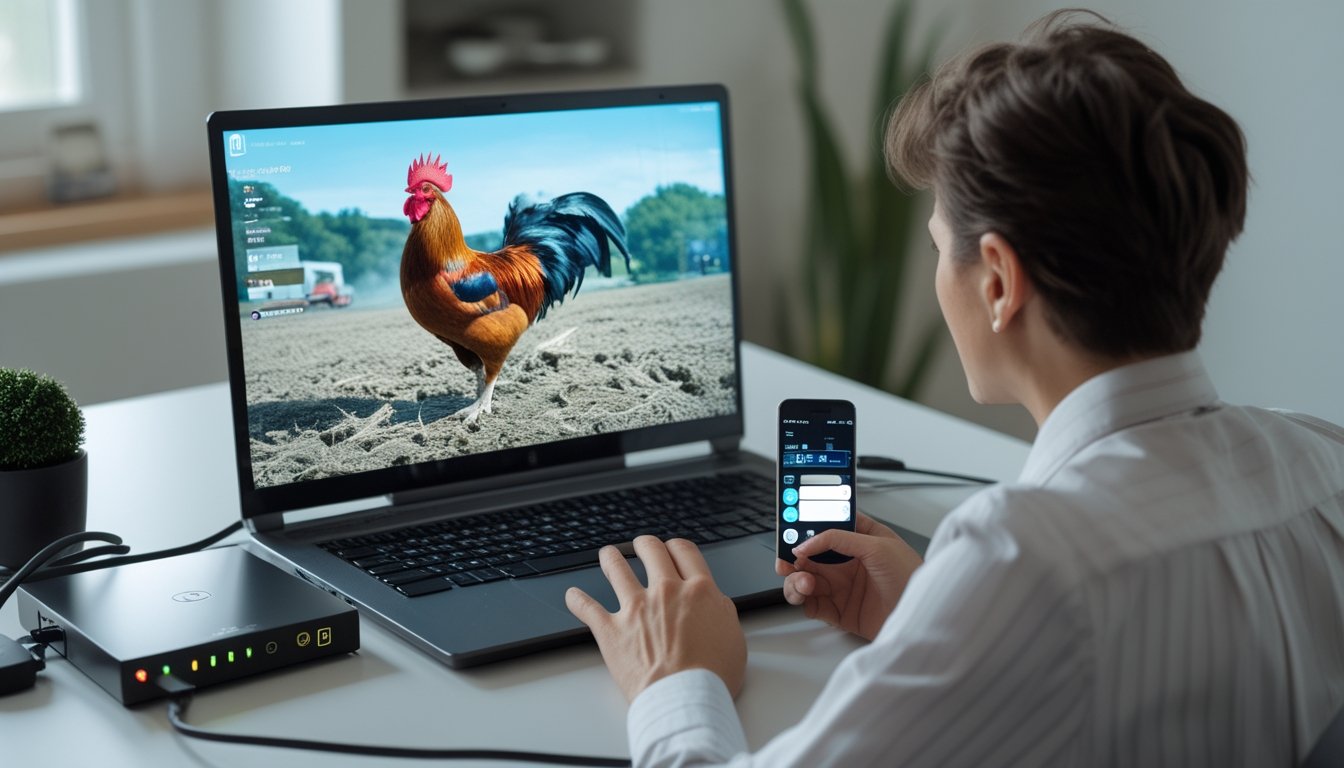 Seseorang memeriksa koneksi internet dan router saat menonton siaran langsung di laptop.