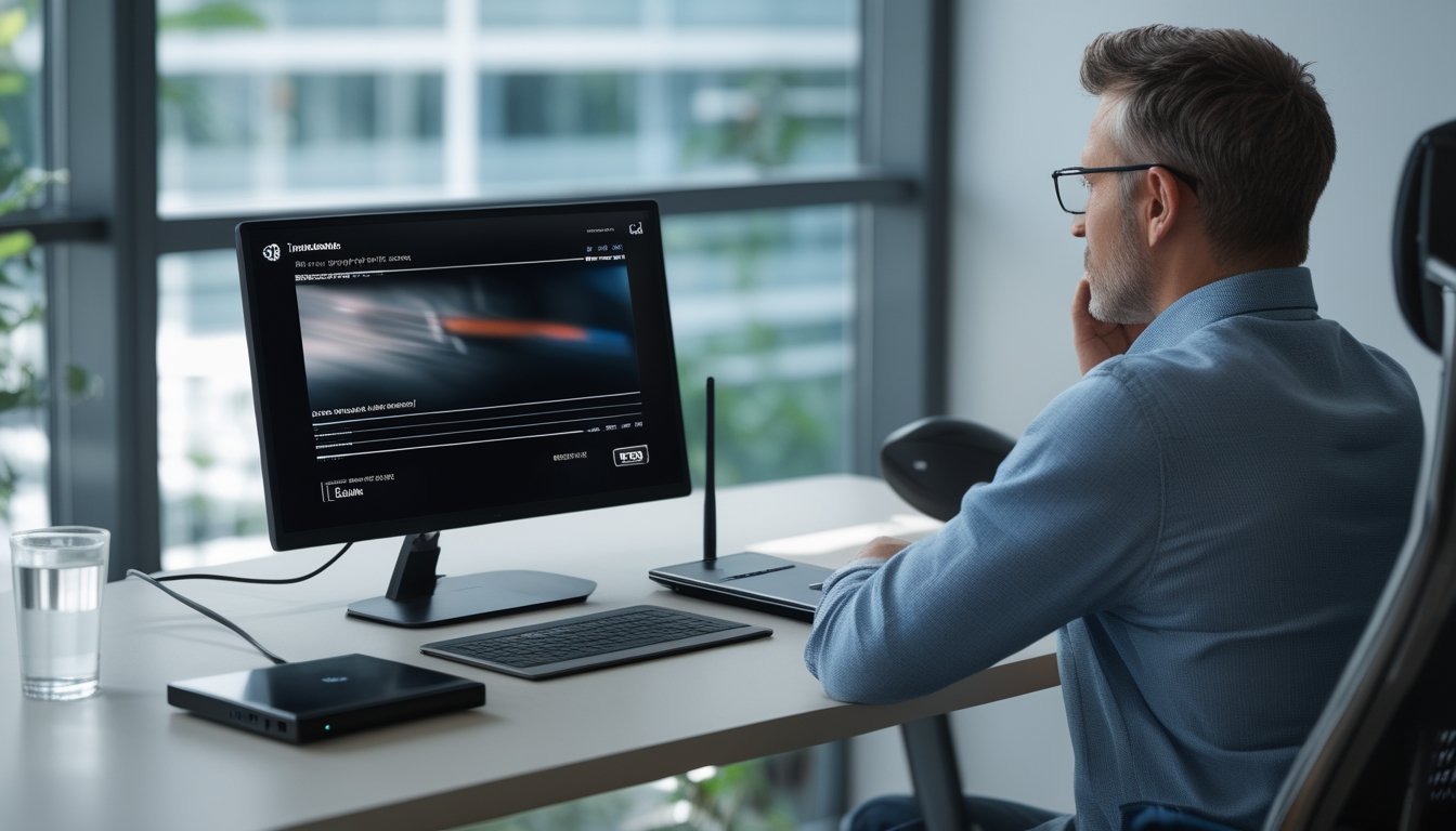 Seseorang memeriksa laptop, router Wi-Fi, dan kabel internet saat menonton siaran langsung.