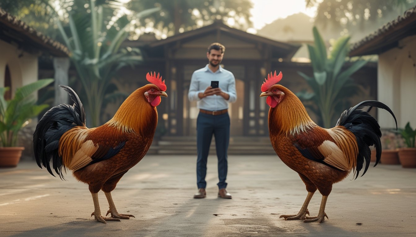 Dua orang dewasa mengamati ayam jantan di halaman tropis sambil memegang ponsel.