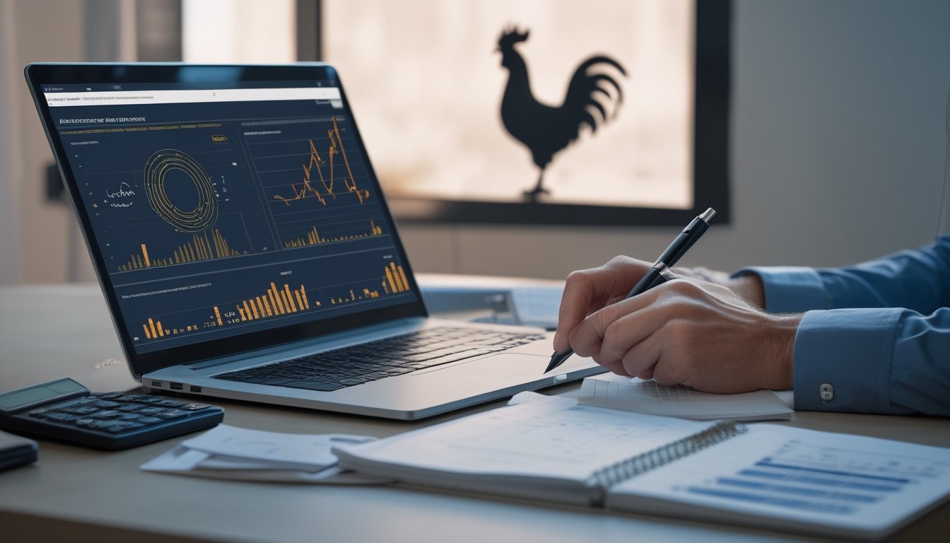 Seorang analis meninjau grafik statistik abstrak di meja kerja modern dengan simbol ayam jantan sebagai elemen dekoratif.
