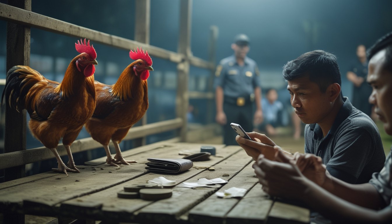 Suasana tegang di arena sabung ayam dengan penonton, meja taruhan, dan peserta yang tampak cemas.