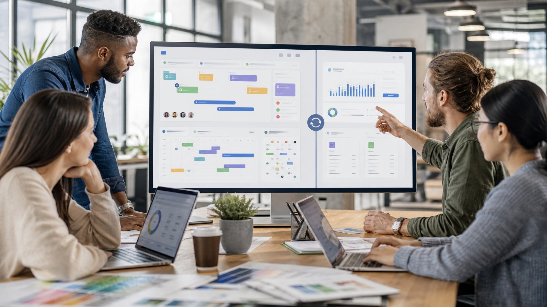 Agency team collaborating around computers displaying project management and accounting dashboards.