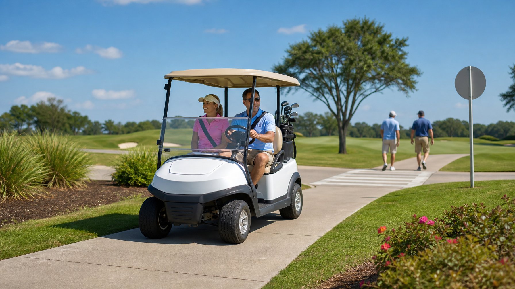A golf cart with two people traveling safely along a paved path on a sunny golf course.