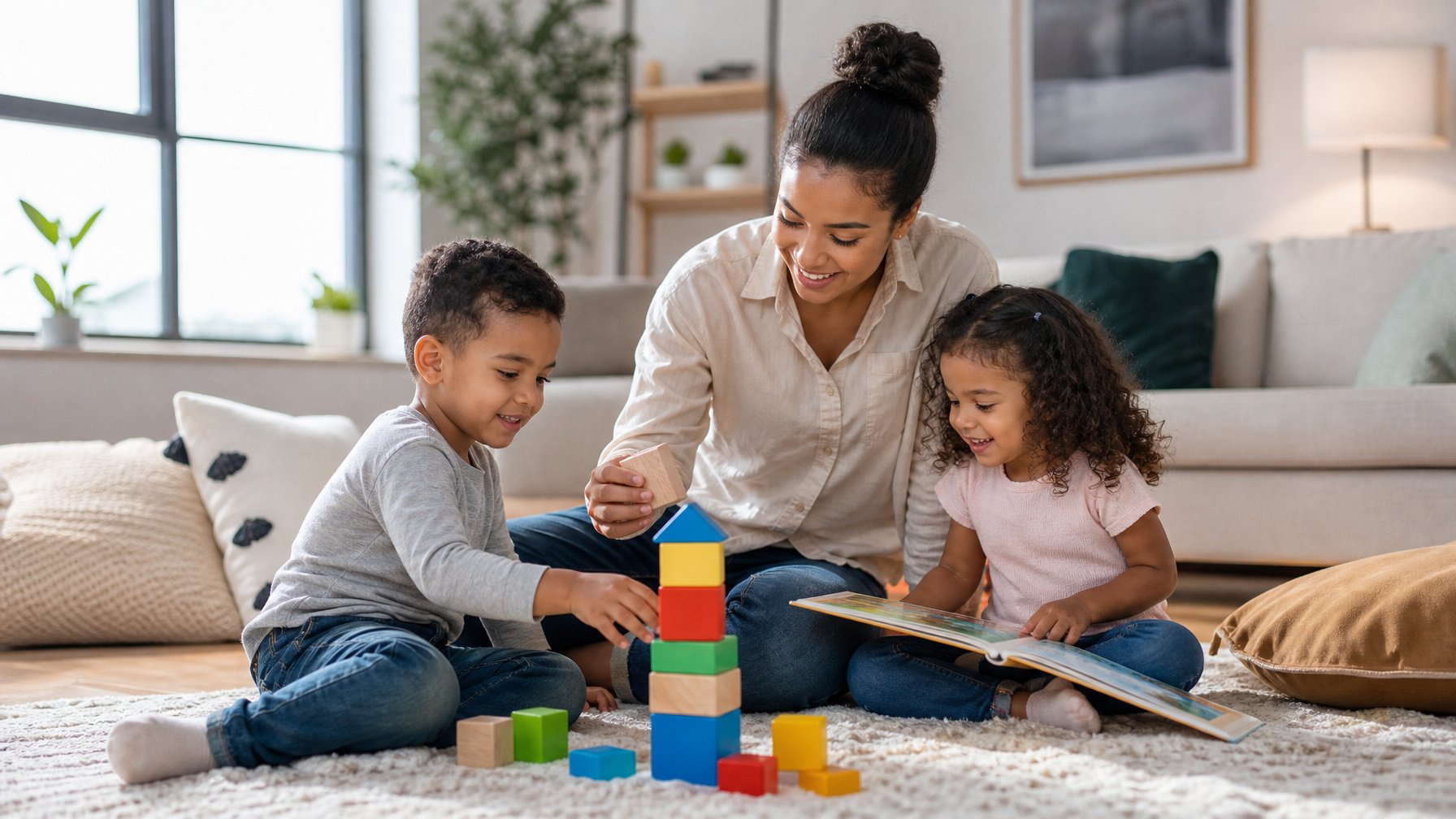 A babysitter plays with two young children on the floor in a bright family living room.