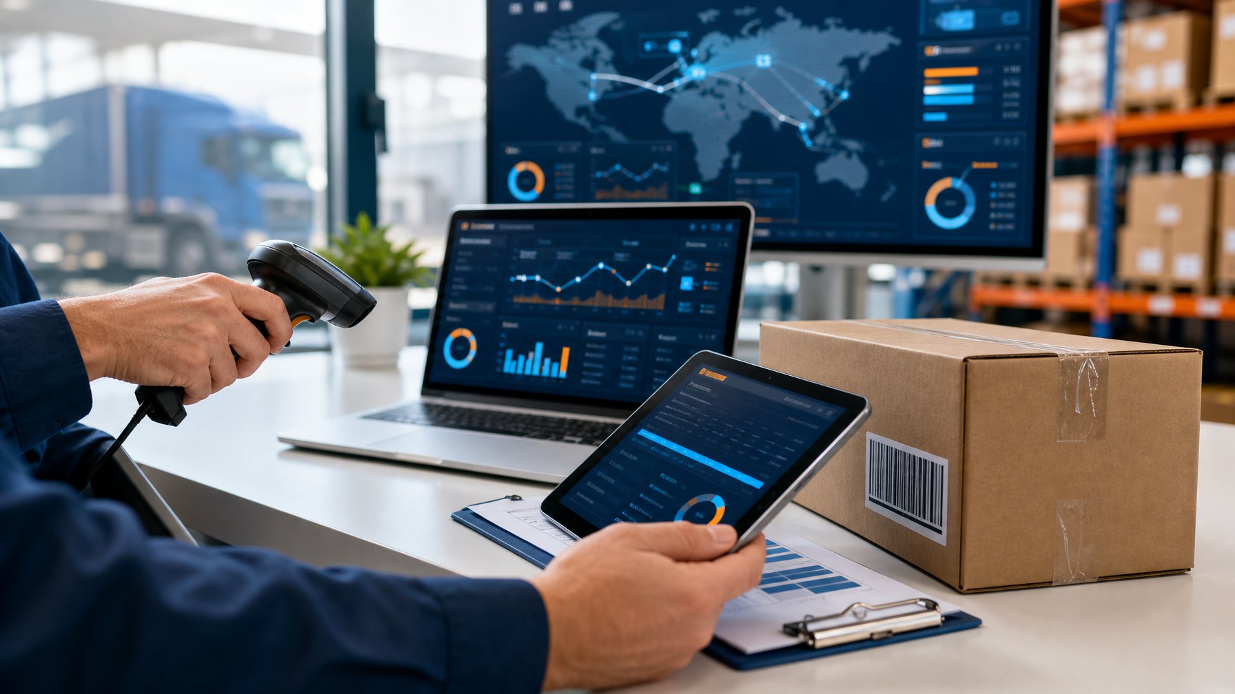 Logistics professional verifying shipment information beside a scanned package and digital analytics screen.