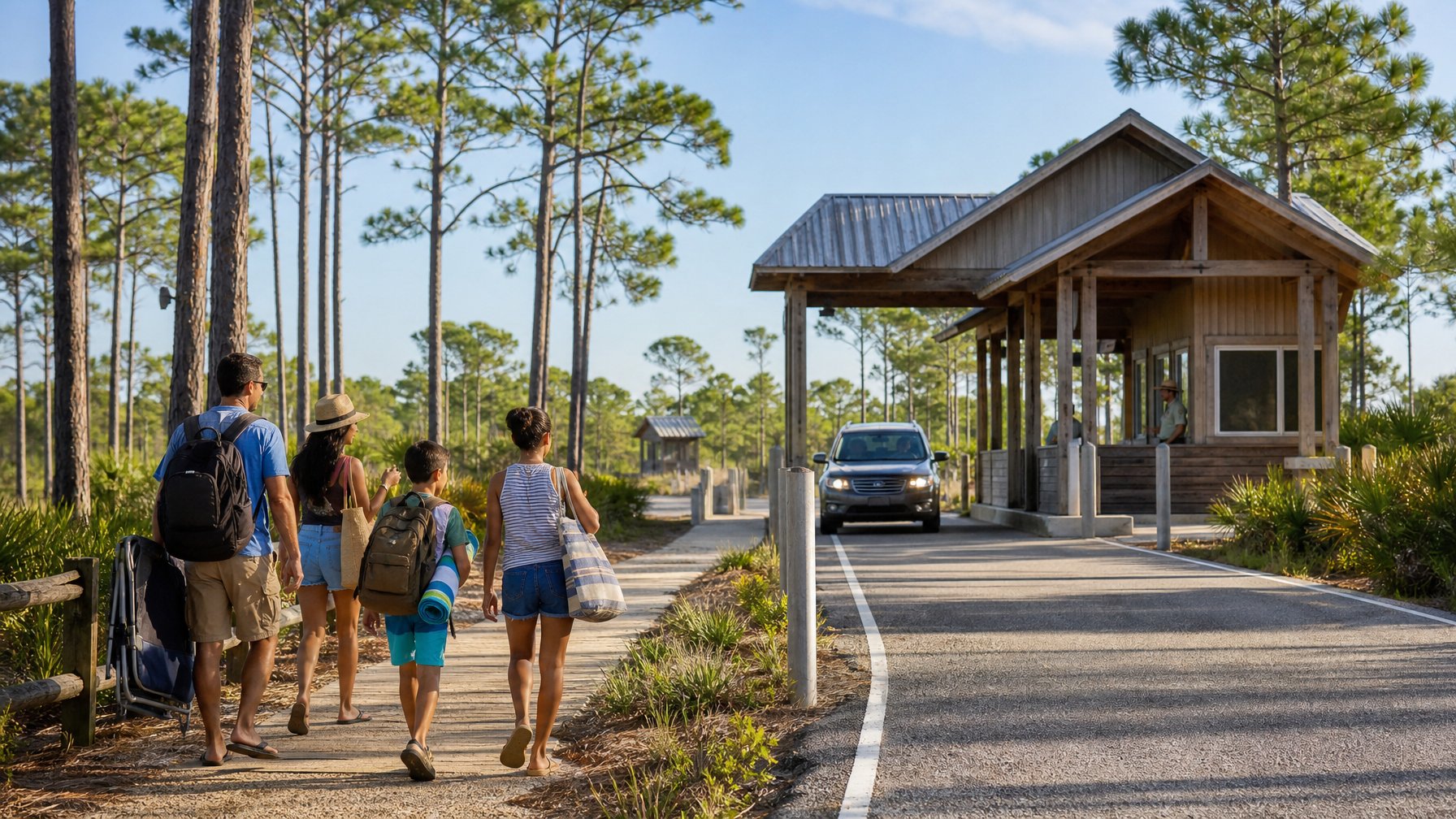 Visitors arrive at a scenic coastal state park surrounded by pine trees, dunes, and sandy trails.