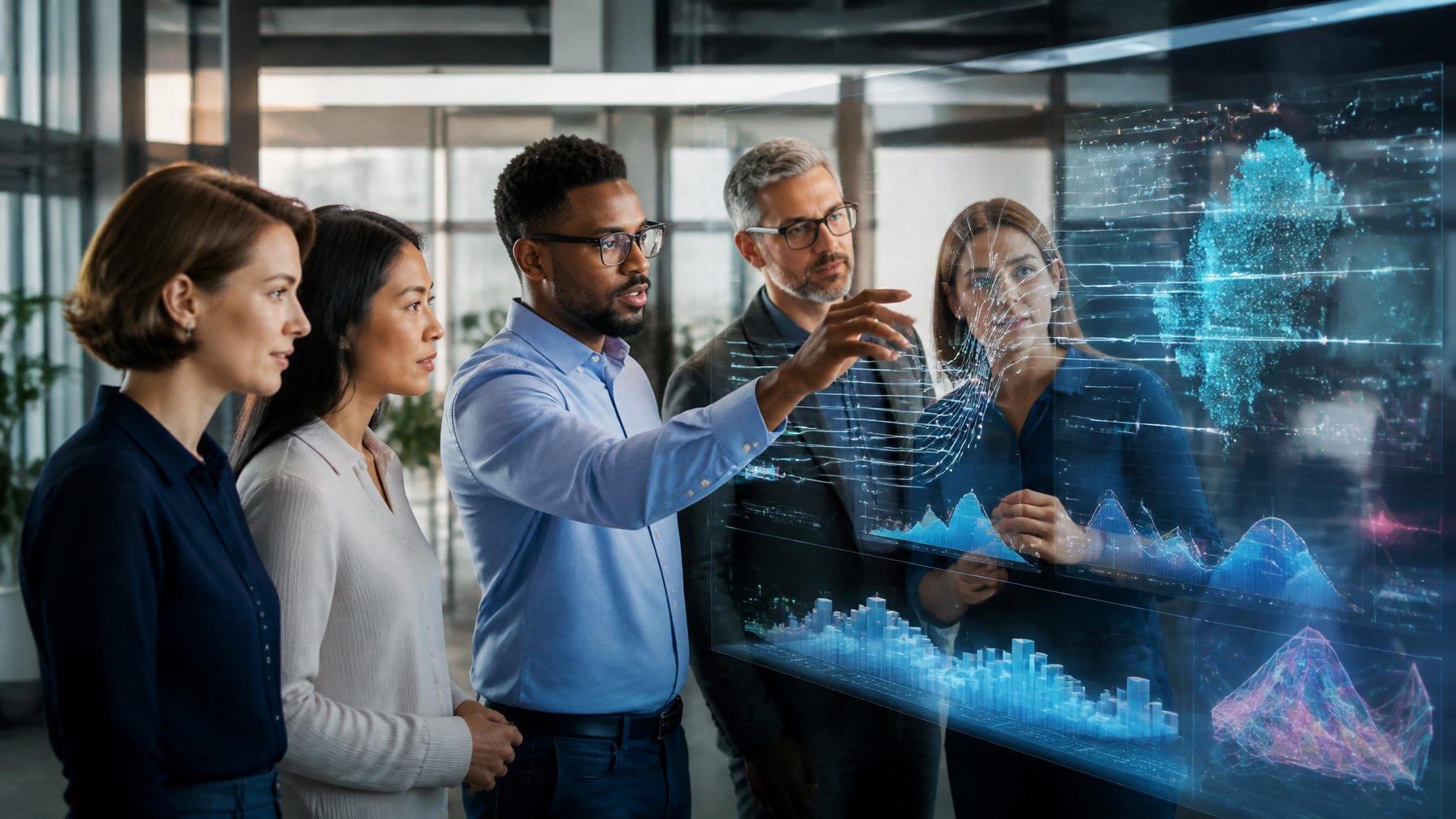 A team analyzes branching digital projections on a large display in a modern office.