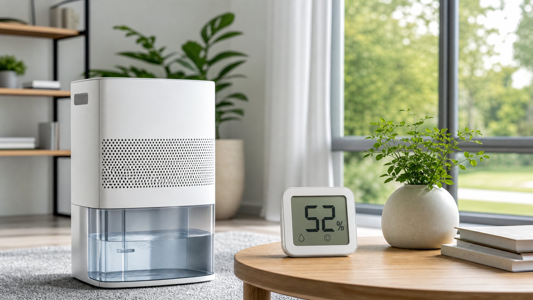 A modern room with a humidity-control device and a digital hygrometer.