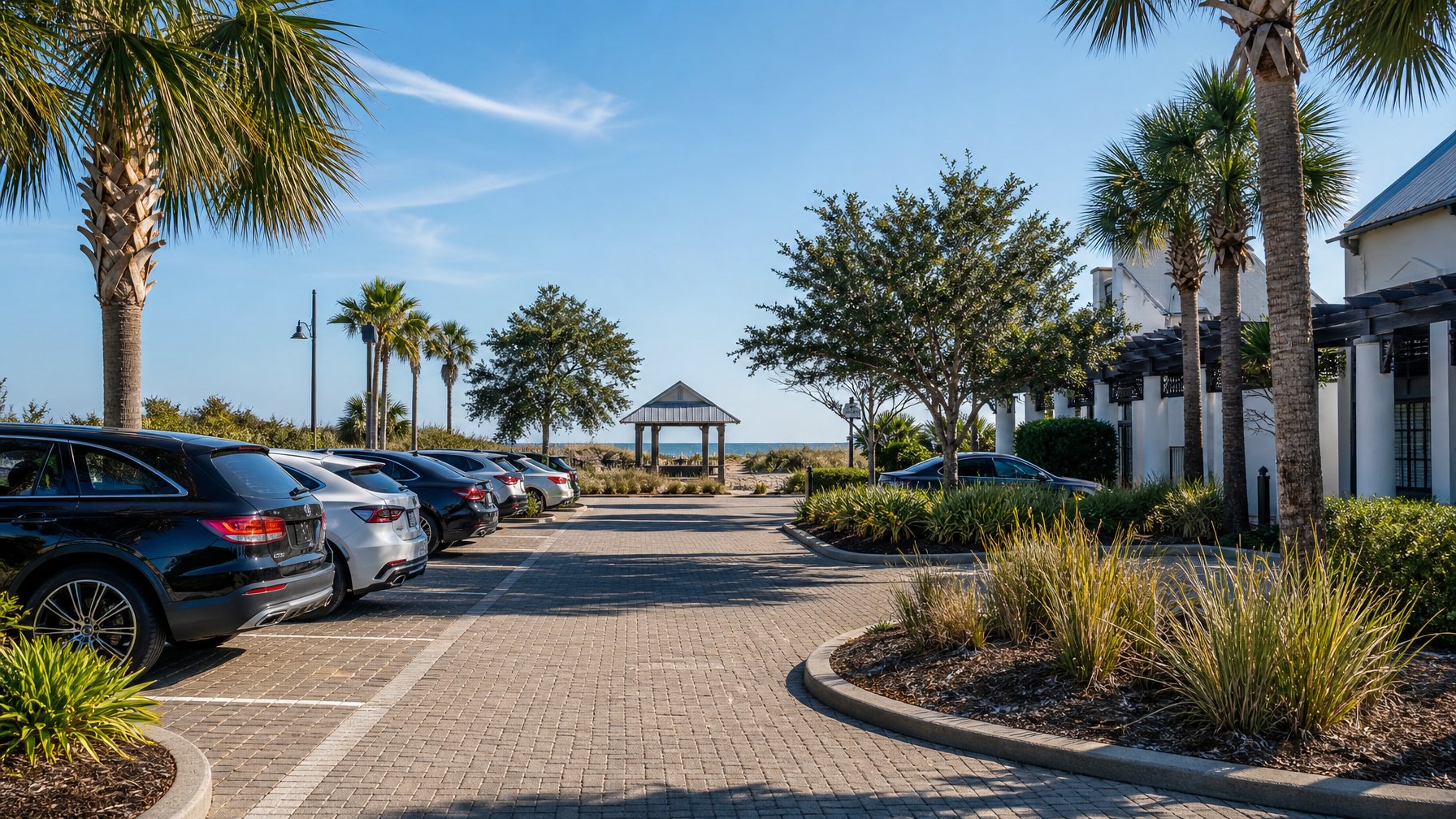 A clean parking area near Rosemary Beach with cars, palm trees, and coastal landscaping.