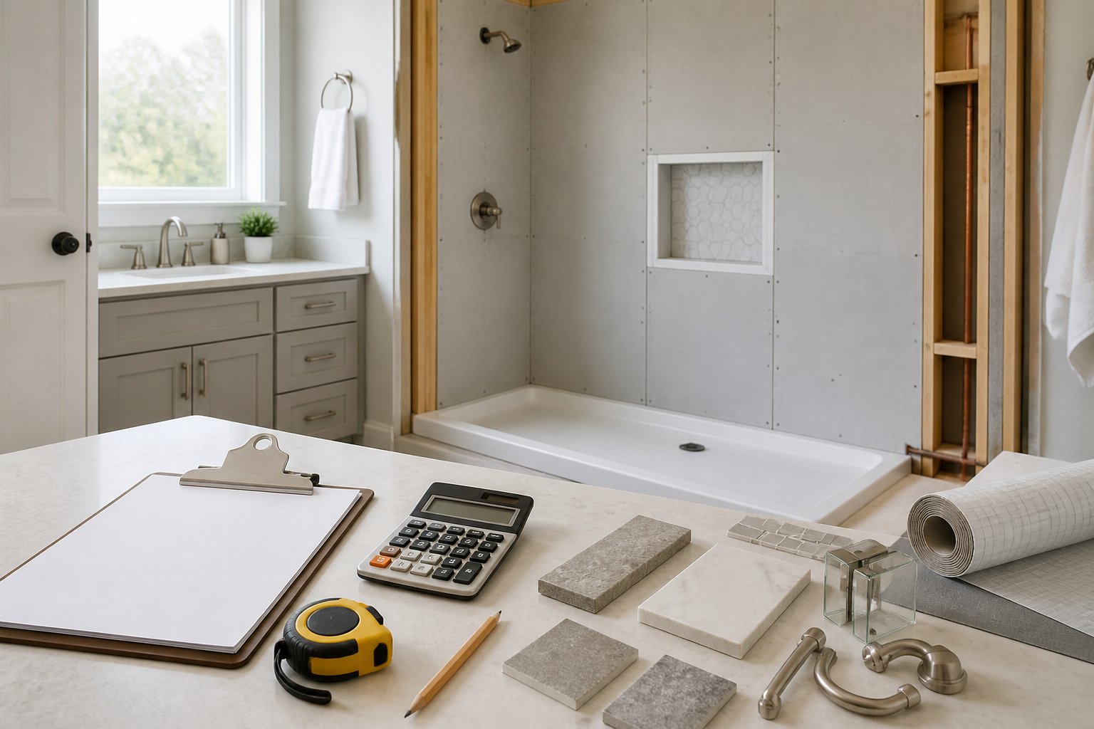 Bathroom renovation workspace with a partially prepared shower area, construction materials, and budgeting tools.
