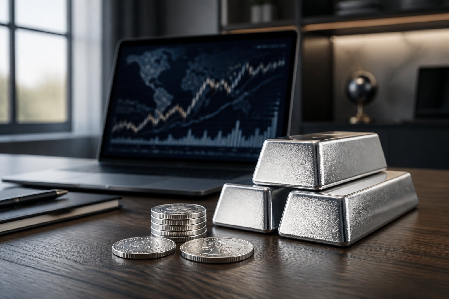 Silver bullion bars and coins arranged on a desk in a modern financial research setting.