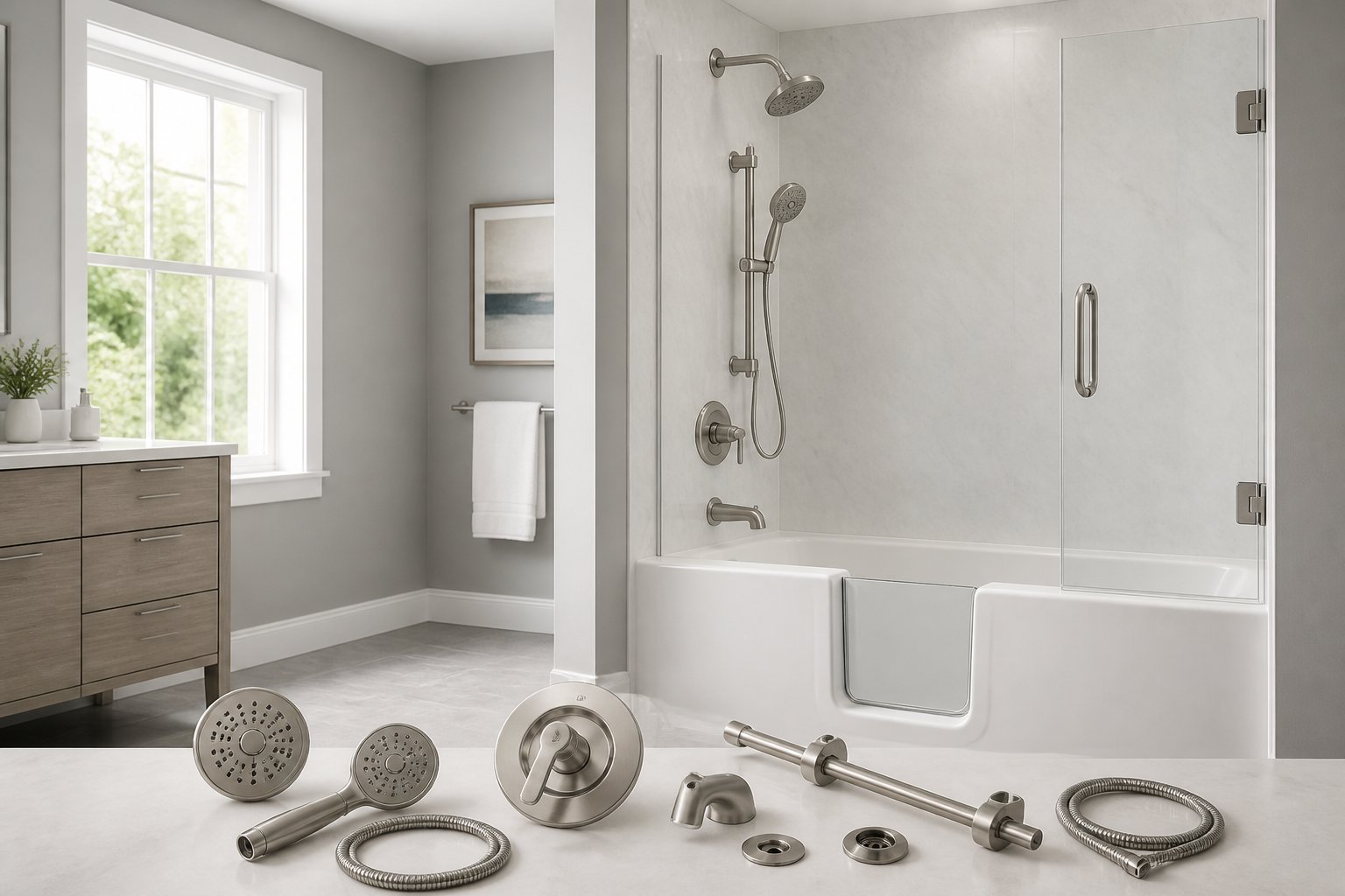 A tub-to-shower conversion kit displayed in a clean modern bathroom beside a partially converted bathtub.
