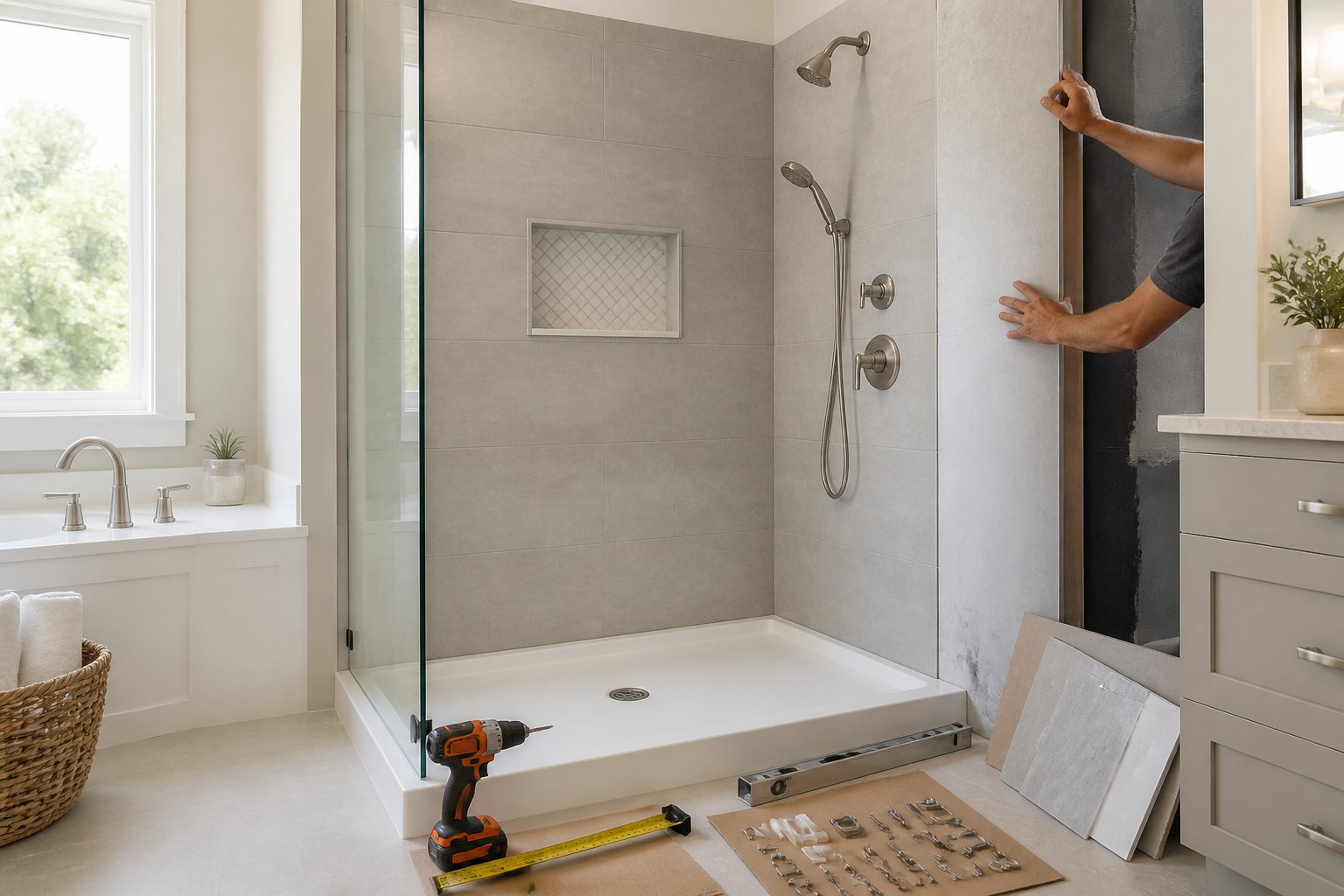 Bathroom renovation showing a bathtub being converted into a walk-in shower with installation components and tools nearby.