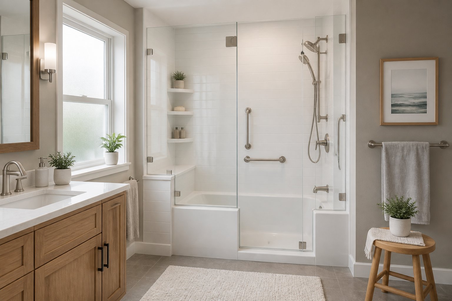 Modern bathroom with a bathtub converted into an accessible glass-enclosed shower.