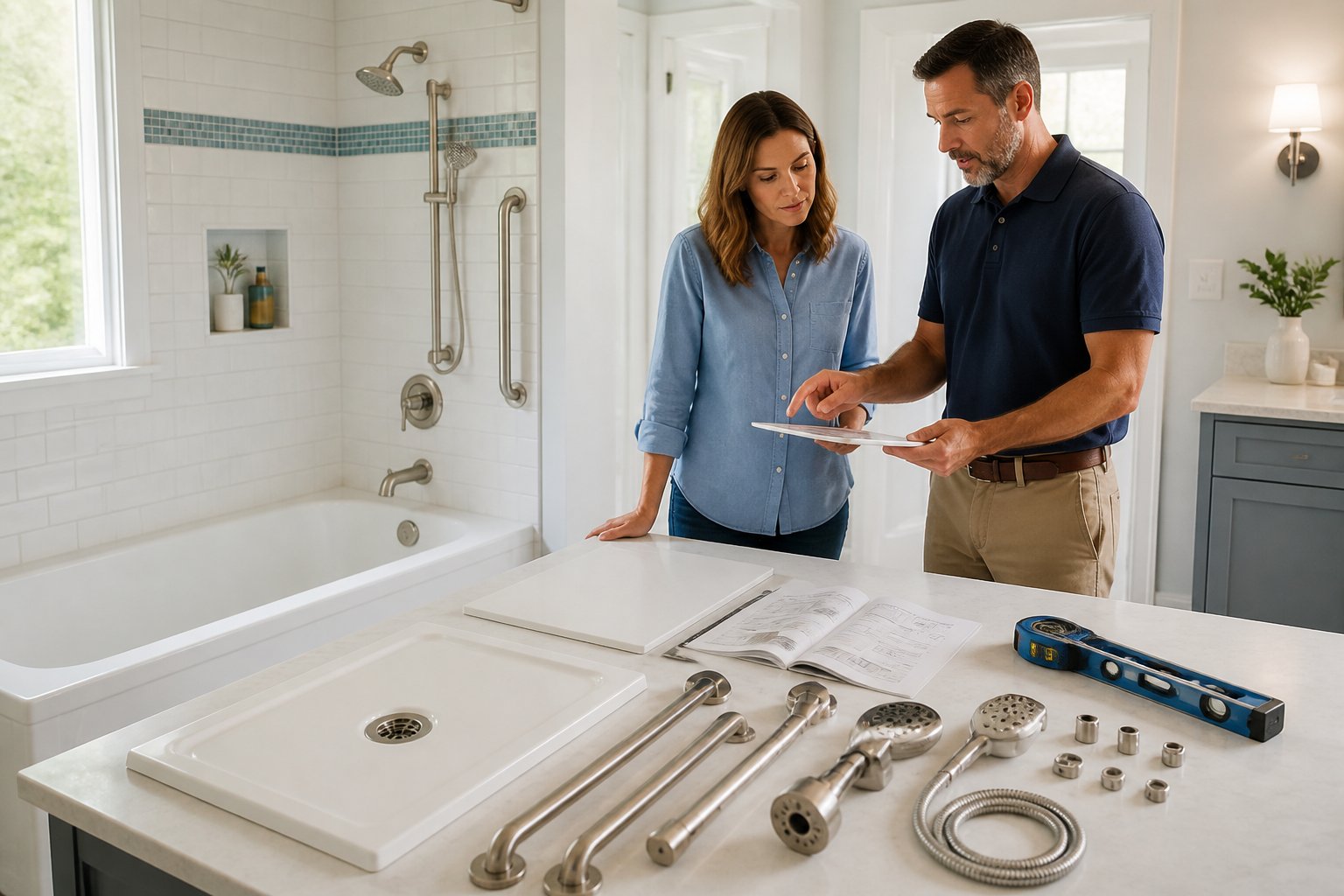 A homeowner and renovation professional review tub-to-shower conversion components beside a bathtub in a bright bathroom.