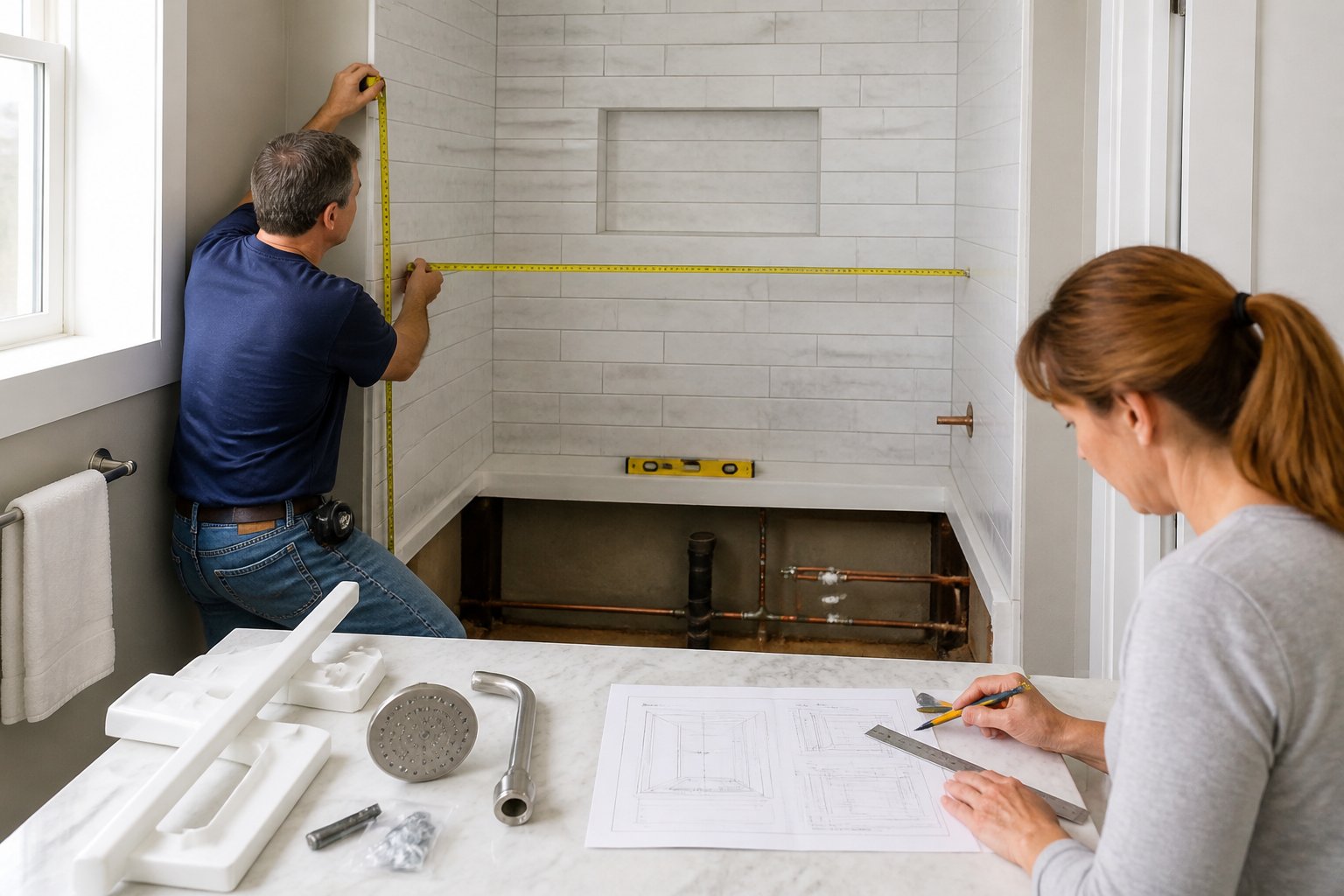 A contractor measures a bathtub alcove while another person compares the dimensions with a shower conversion kit.