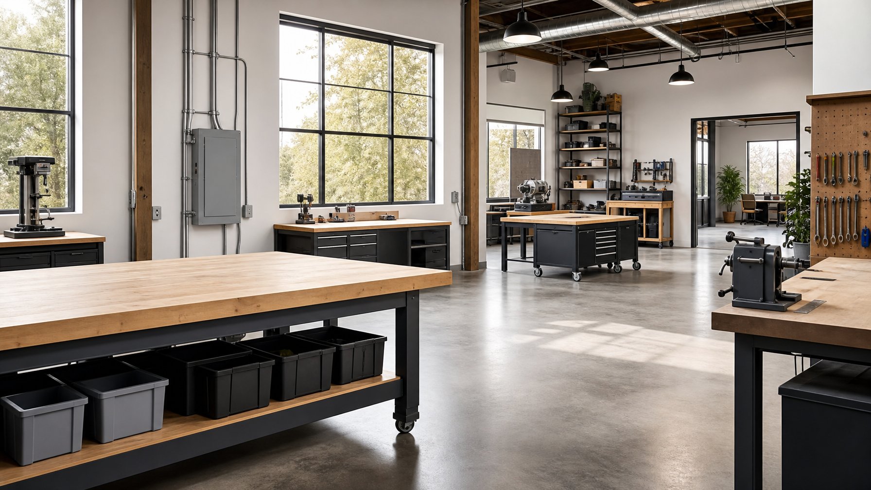 A bright flexible workspace with workbenches, tools, equipment, and organized electrical infrastructure.