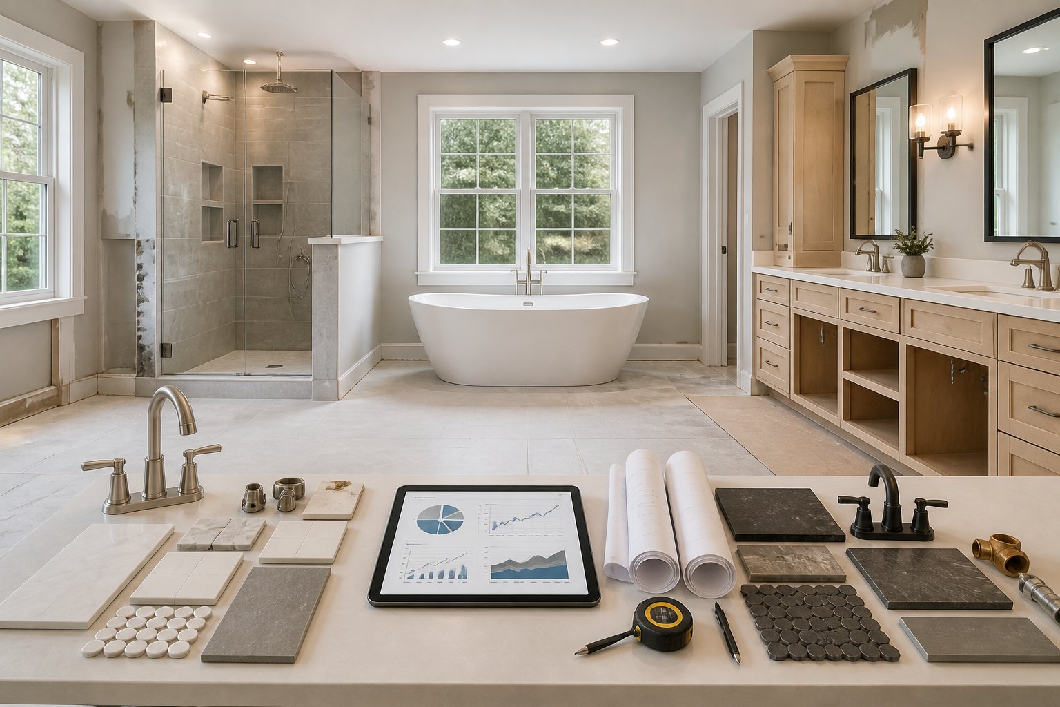 A bright primary bathroom under renovation with upscale fixtures, tile samples, tools, and planning materials.