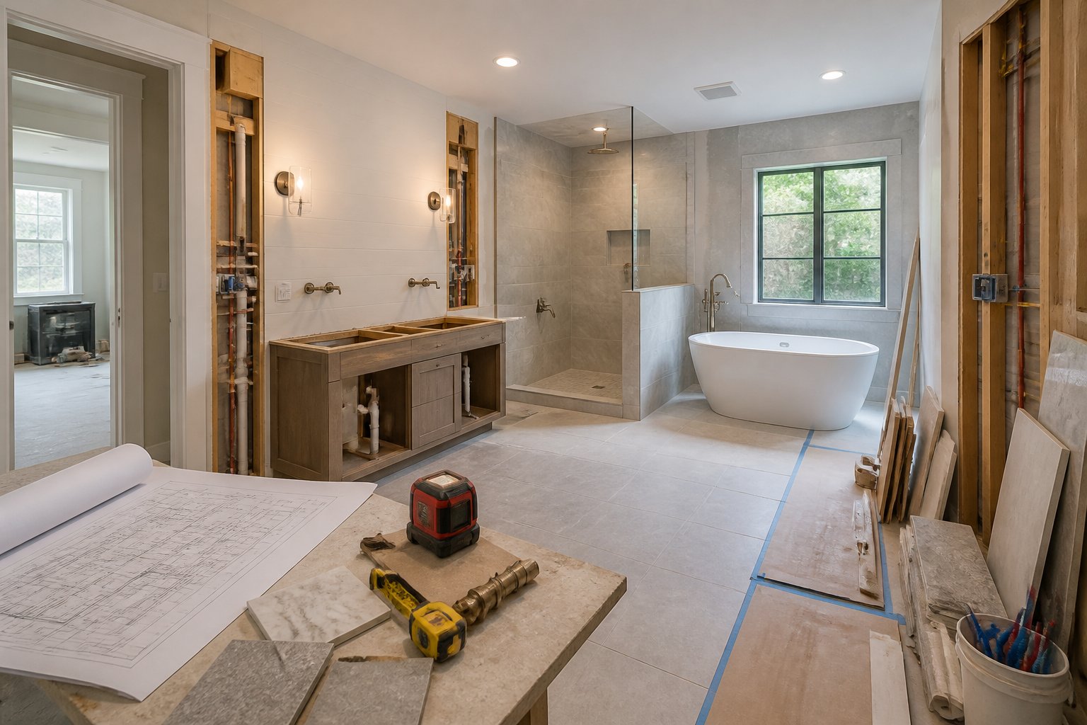 A master bathroom under renovation with exposed plumbing, new fixtures, tile materials, and floor plans.
