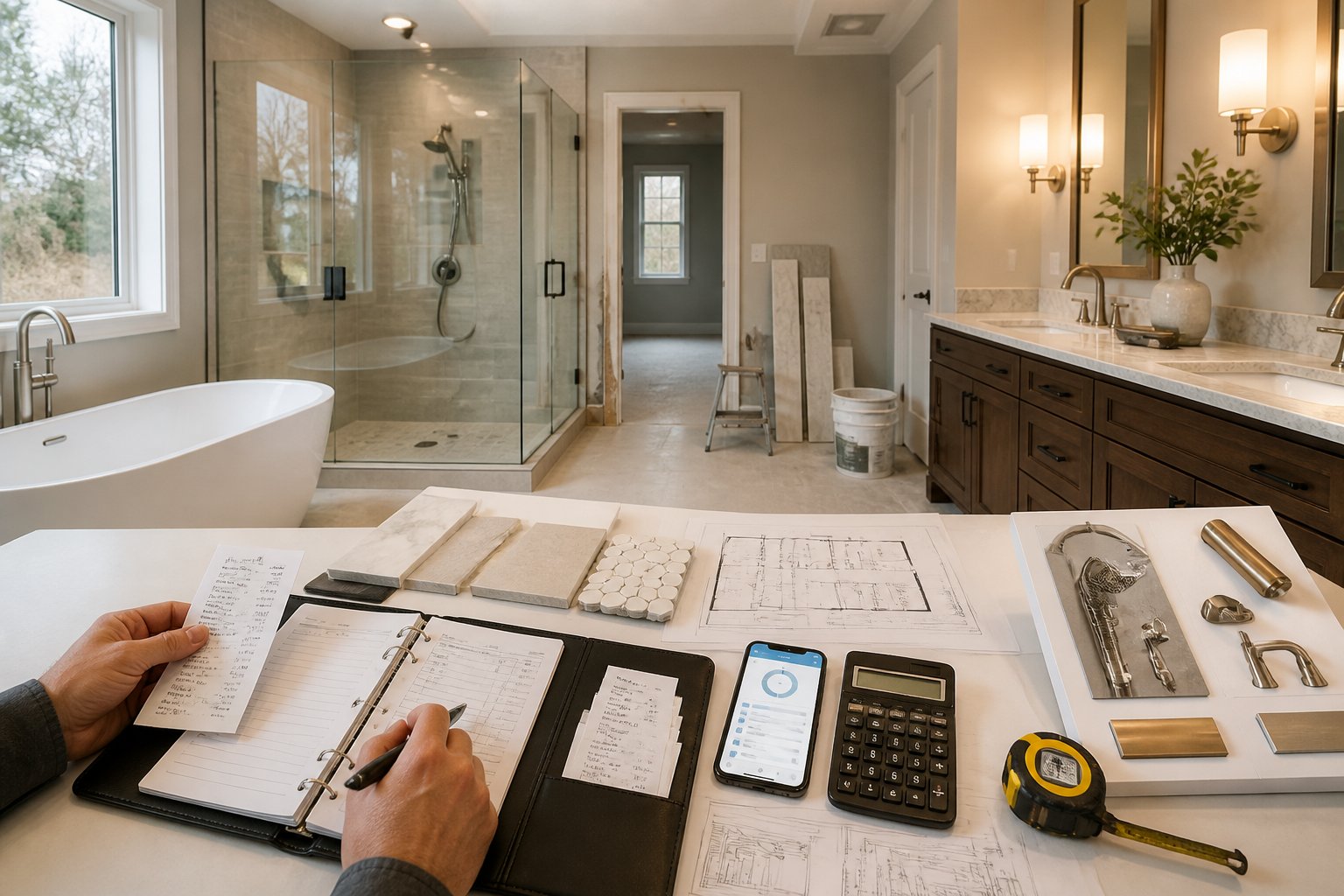 A partially renovated primary bathroom with remodeling plans, material samples, and a calculator arranged on a nearby table.