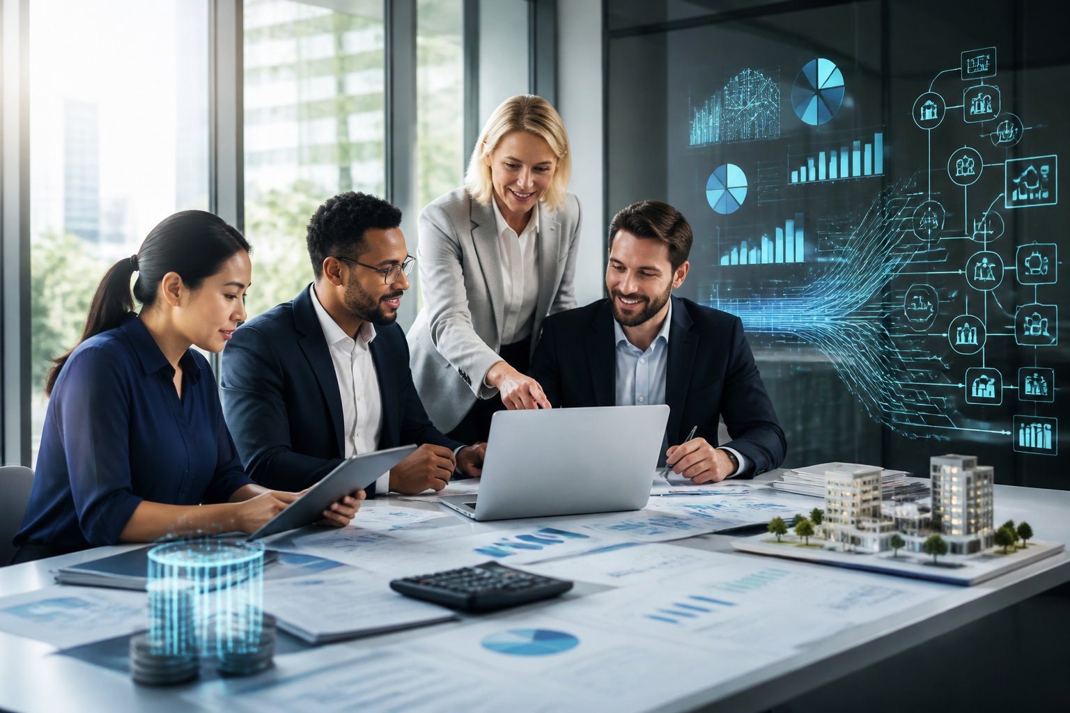 Business professionals collaborate around a table with digital devices and financial planning materials in a modern office.