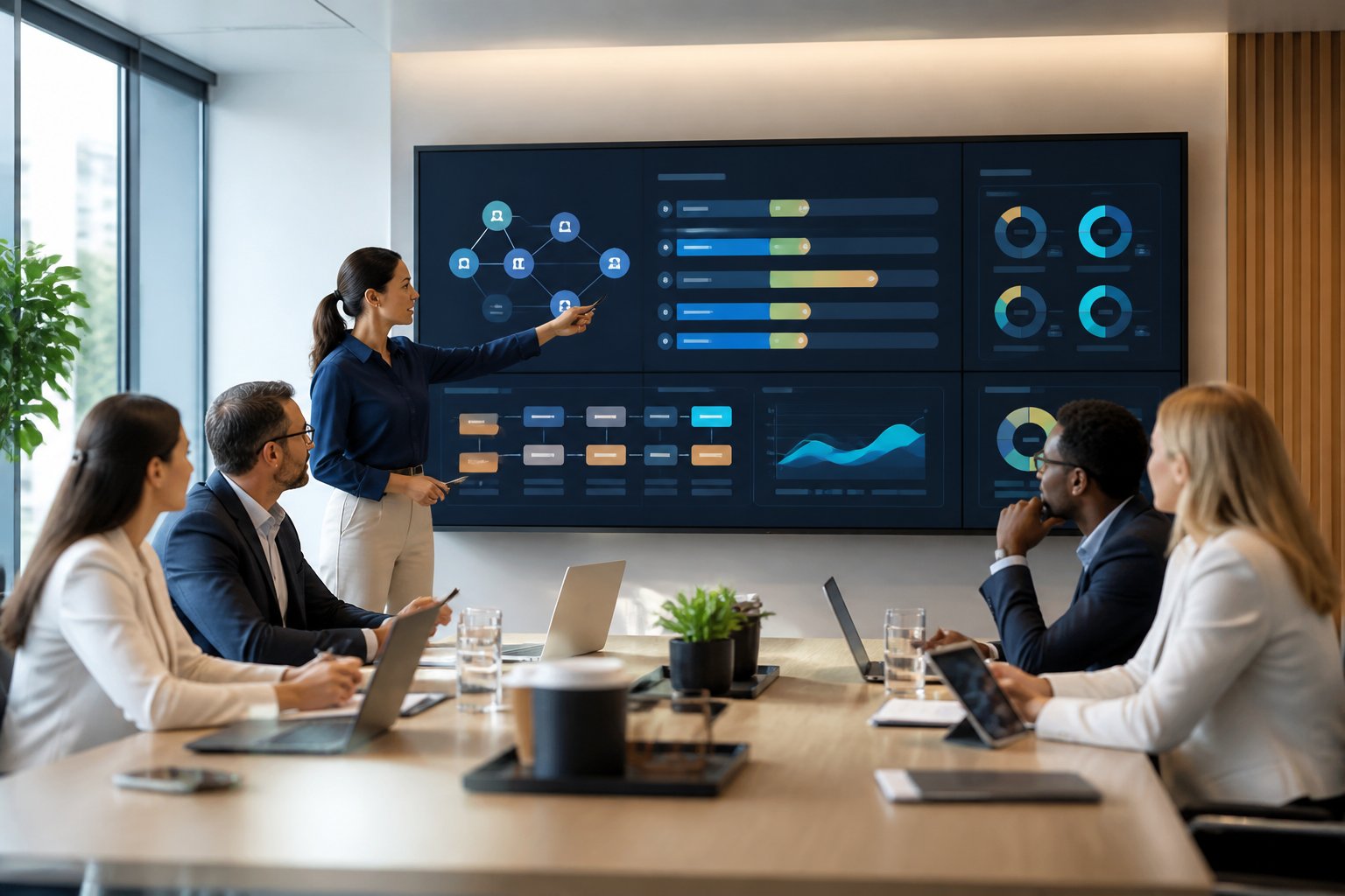 Business professionals collaborate while reviewing an AI-powered workflow dashboard in a modern office.