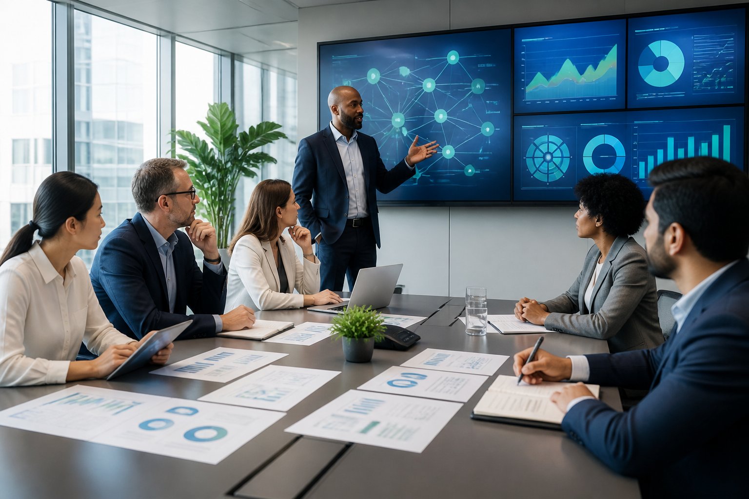 A finance and operations team reviews an AI automation strategy around a conference table.