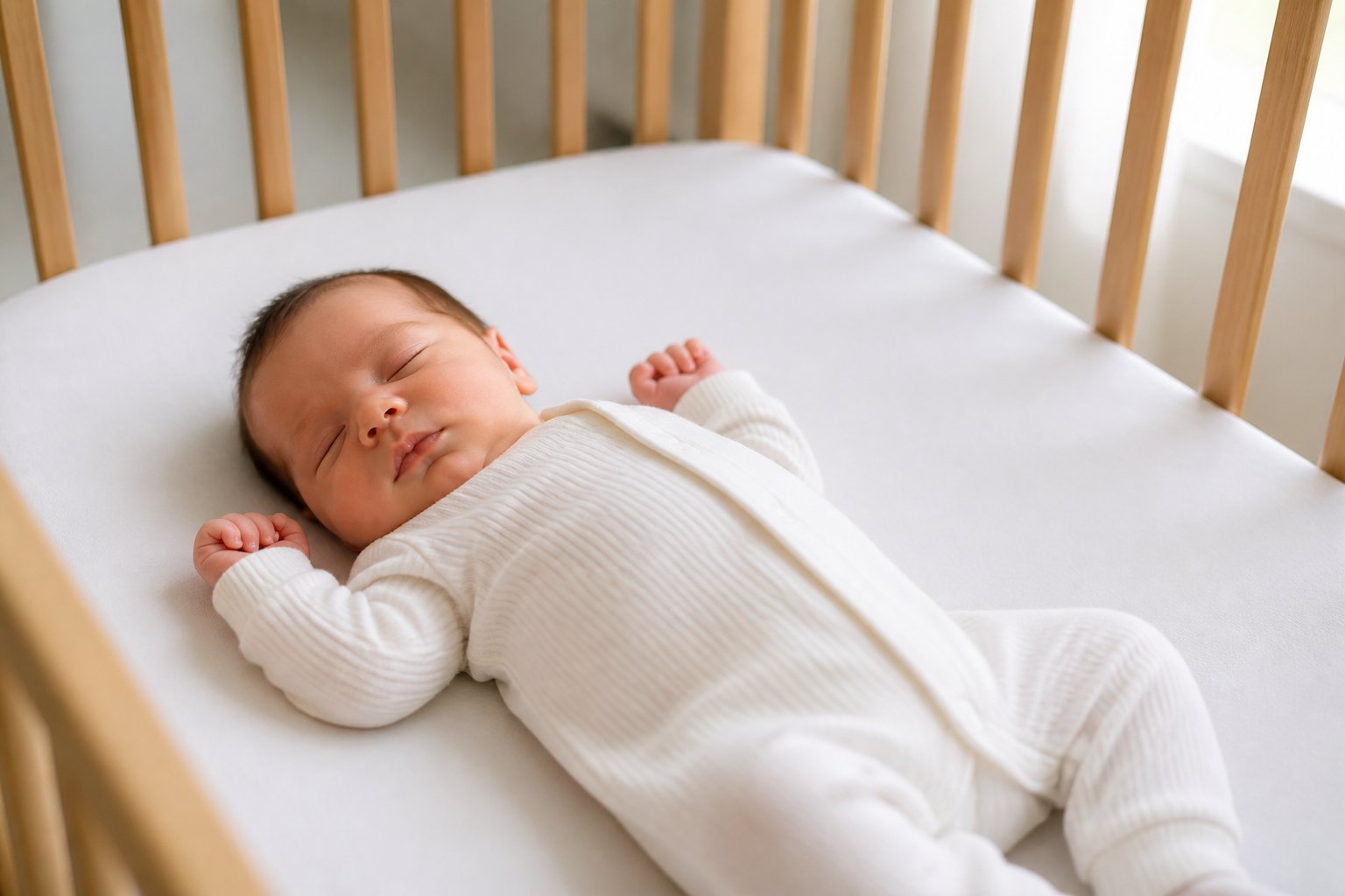 A newborn baby sleeping on their back in an uncluttered crib.