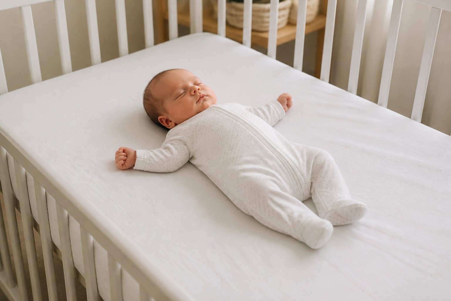 Sleeping newborn lying on their back in a clear, uncluttered crib.